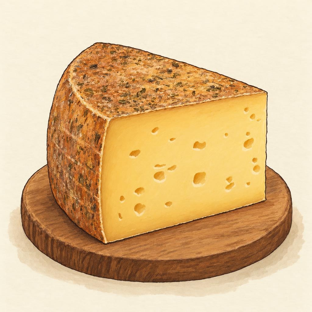 AI-generated illustration of Appenzeller, a semi-hard cheese with a washed rind.