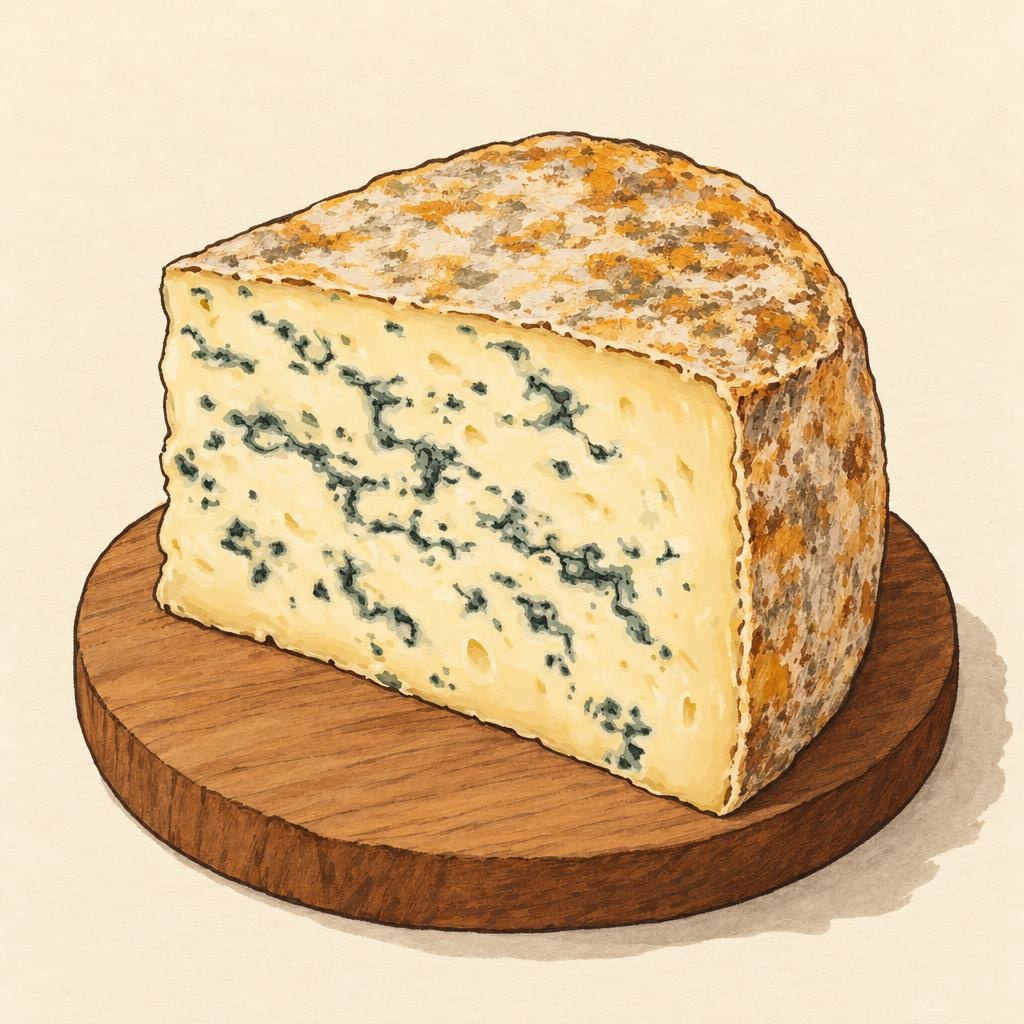 AI-generated illustration of Blue d'Elizabeth, a semi-soft cheese with a natural rind.