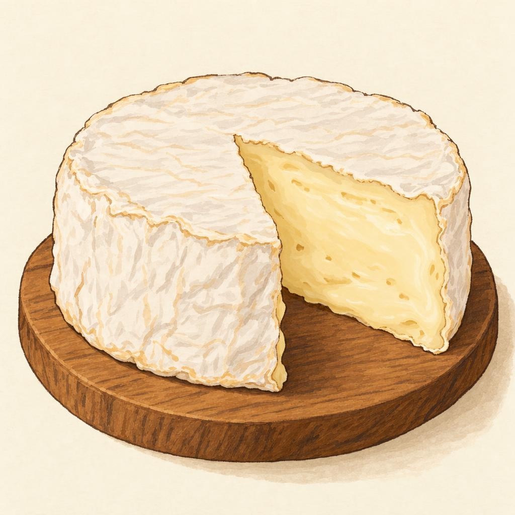 AI-generated illustration of Brillat-Savarin, a soft cheese with a bloomy rind.