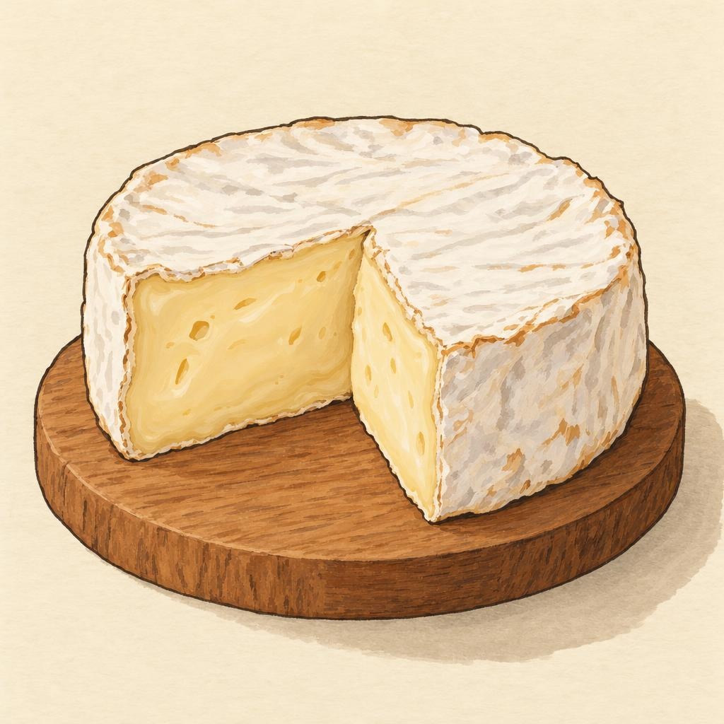 AI-generated illustration of Camembert, a soft cheese with a bloomy rind.