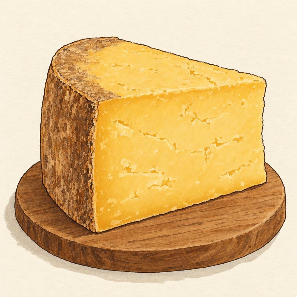 AI-generated illustration of Cheddar, a semi-hard cheese with a natural rind.