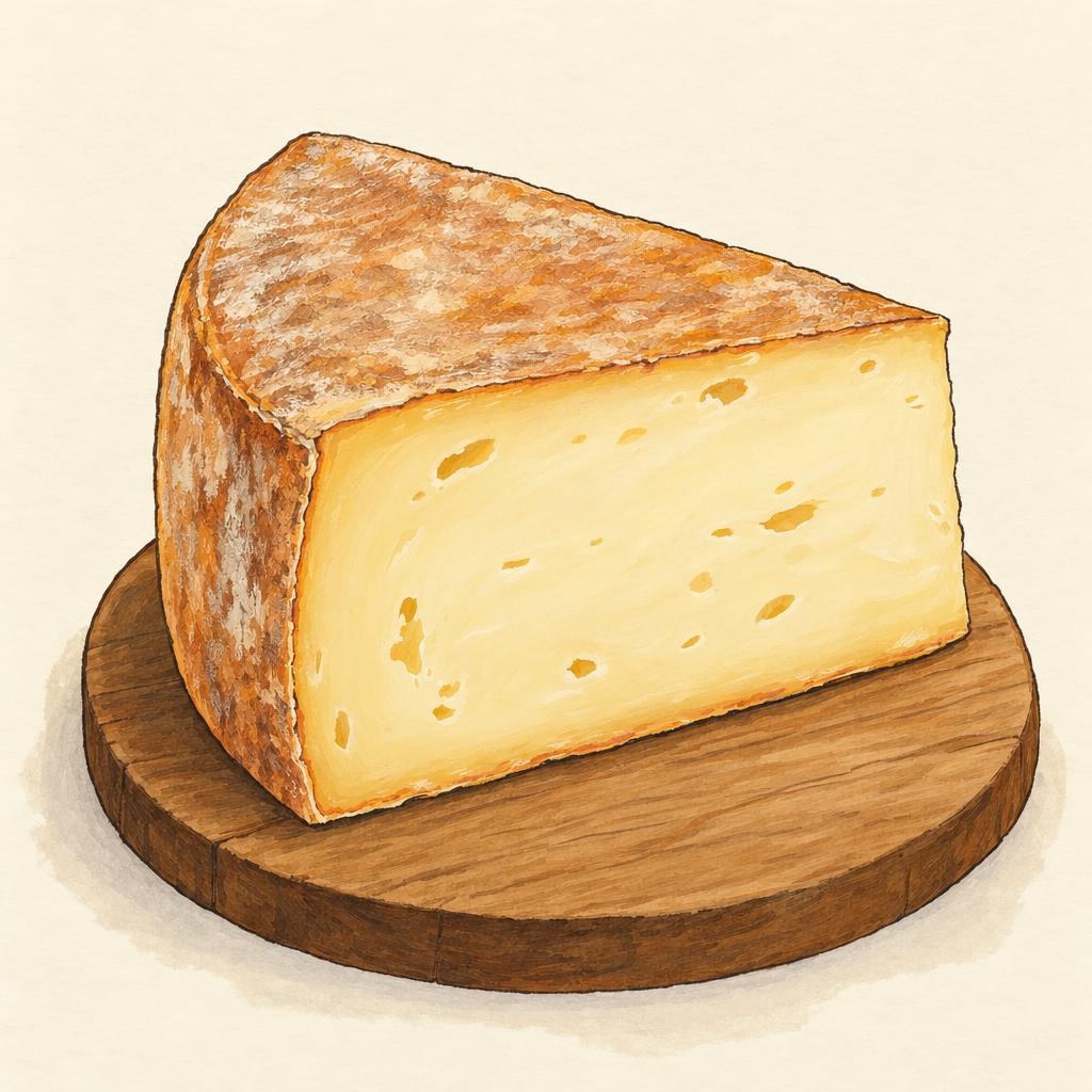 AI-generated illustration of Fontina, a semi-soft cheese with a washed rind.