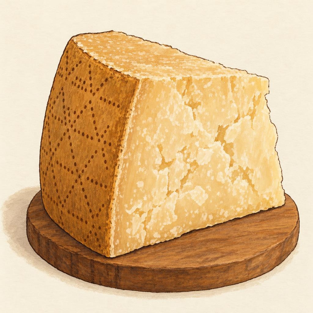 AI-generated illustration of Grana Padano, a hard cheese with a natural rind.