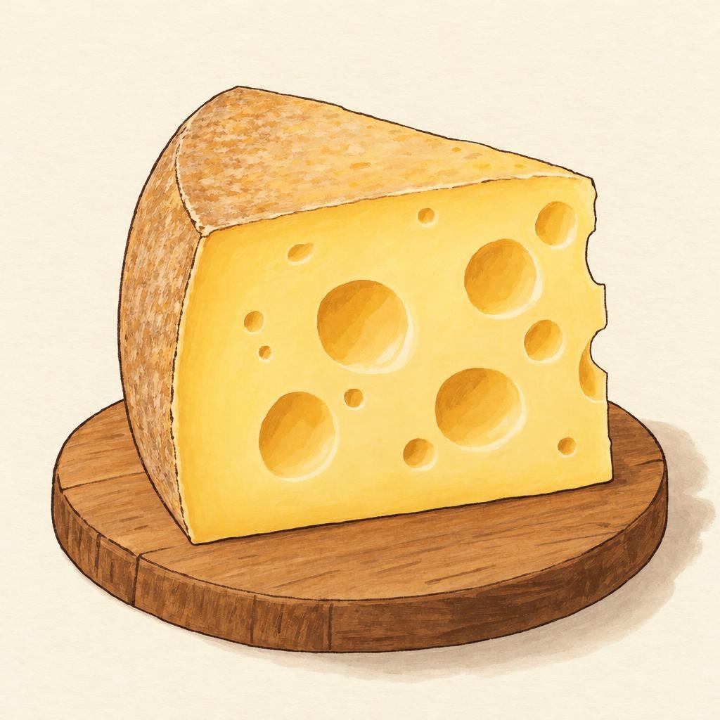 AI-generated illustration of Jarlsberg, a semi-hard cheese with a natural rind.