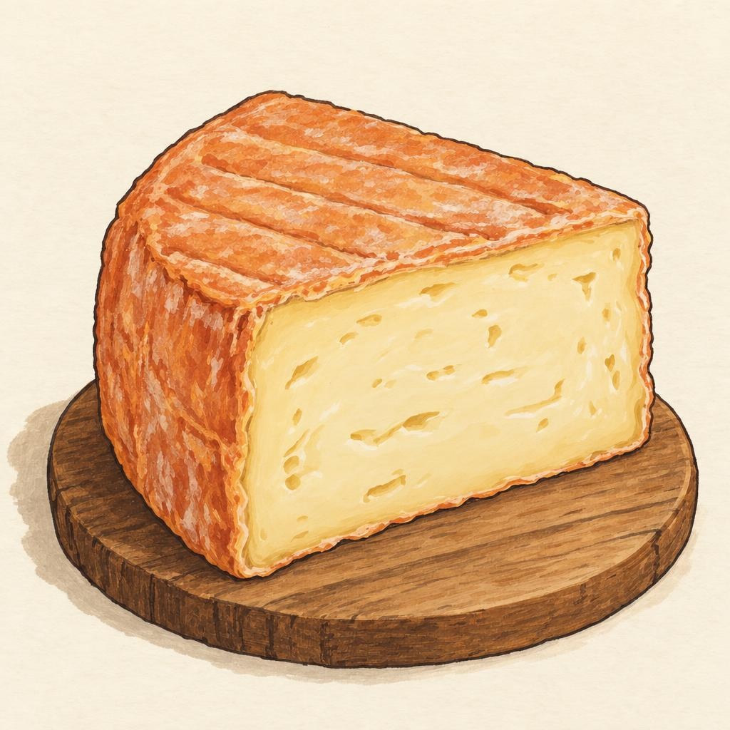 AI-generated illustration of Limburger, a soft cheese with a washed rind.