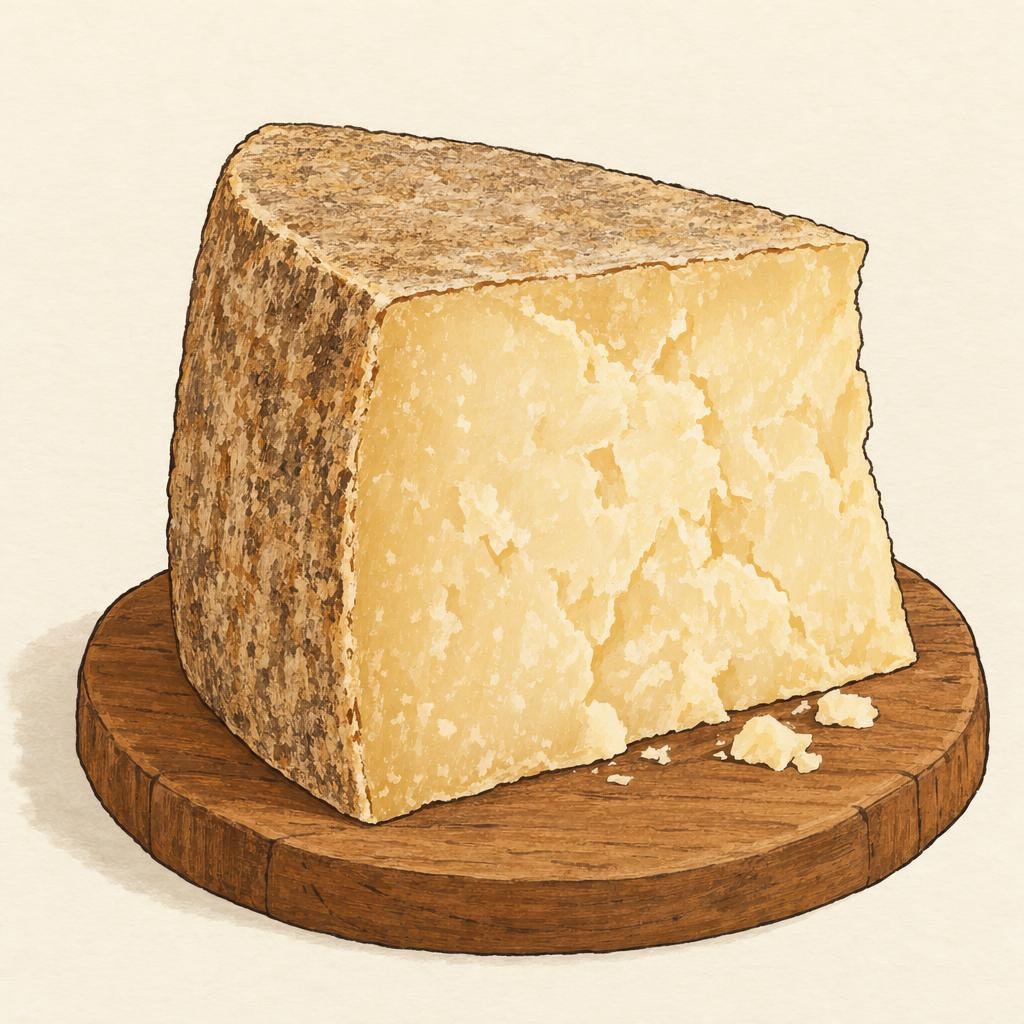 AI-generated illustration of Pecorino Romano, a hard cheese with a natural rind.